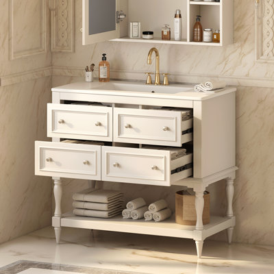 Ensemble de meuble-lavabo 36 po avec lavabo 36 po, lavabo en céramique encastré, ensemble de meuble-lavabo autoportant avec 4 tiroirs, armoire de salle de bain avec cadre en bois massif, beige