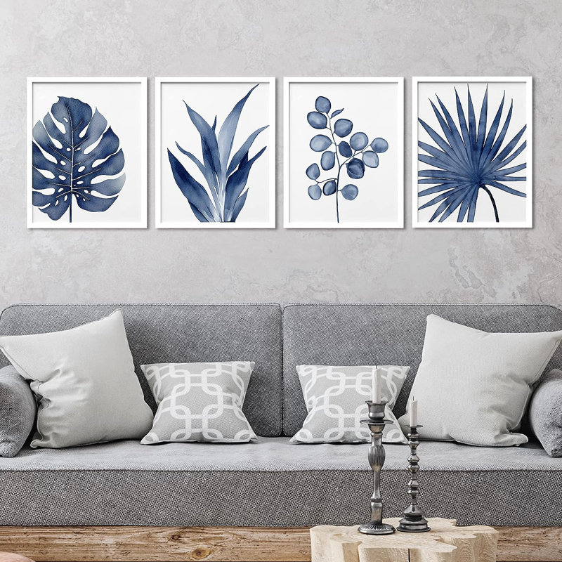 Tropical Palm " IDEA4WALL Framed Watercolor Blue Tropical Leaves Wall Art, Set Of 4 Nature Wilderness Wall Decor Prints, Botanical Floral Wall Decor For Living Room, Bedroom " 4 - Pieces
