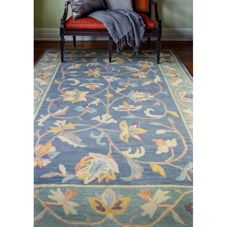 Tasley Floral Handmade Tufted Wool Area Rug in Azure