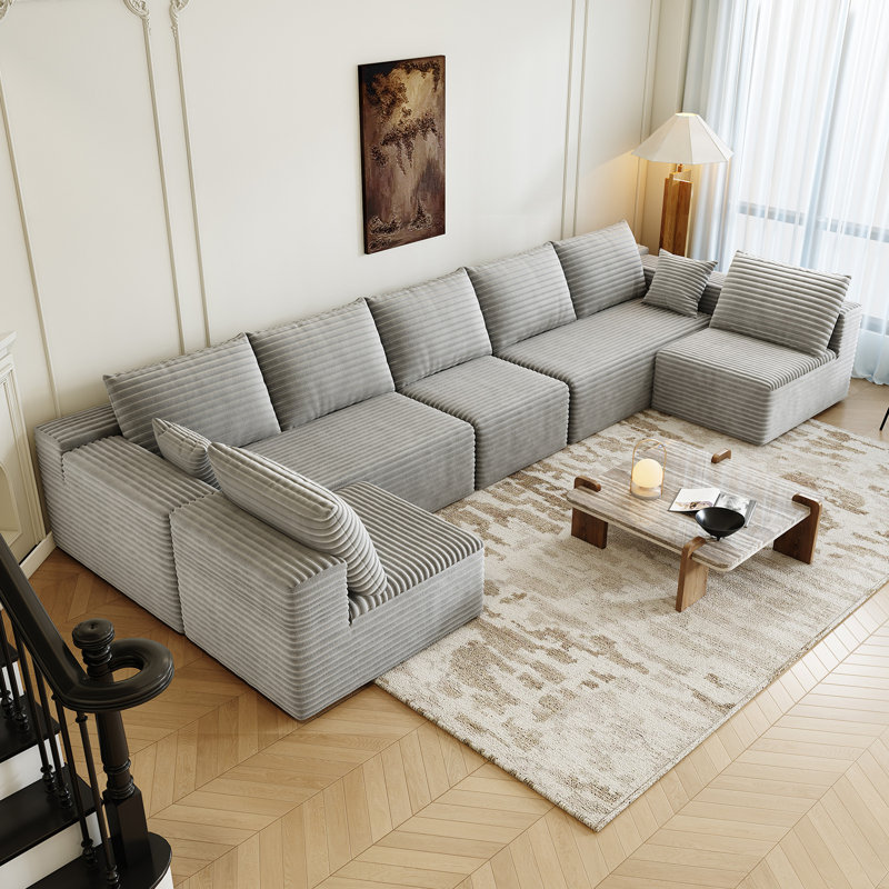 168.5" Modular Sectional Sofa, Oversized U-Shaped Minimalist Couches with 3 Middle Seats  Chaise, Modern Deep Seat Convertible Sleeper Sofa, Cloud Plush Corduroy Fabric,7 Seater