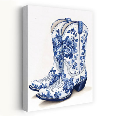 Blue Toile Boots II - Contemporary Floral Cowboy Boots Blue And White Porcelain Style Intricate Floral Pattern Art