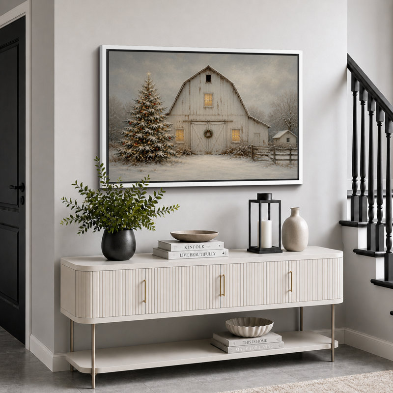 Œuvre de Noël grange de Noël, photos de salon, impression sur toile encadrée, H 16 po x l 24 po x P 1,5 po, Cadre blanc