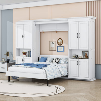 Lit escamotable double avec armoires coulissantes et tablettes