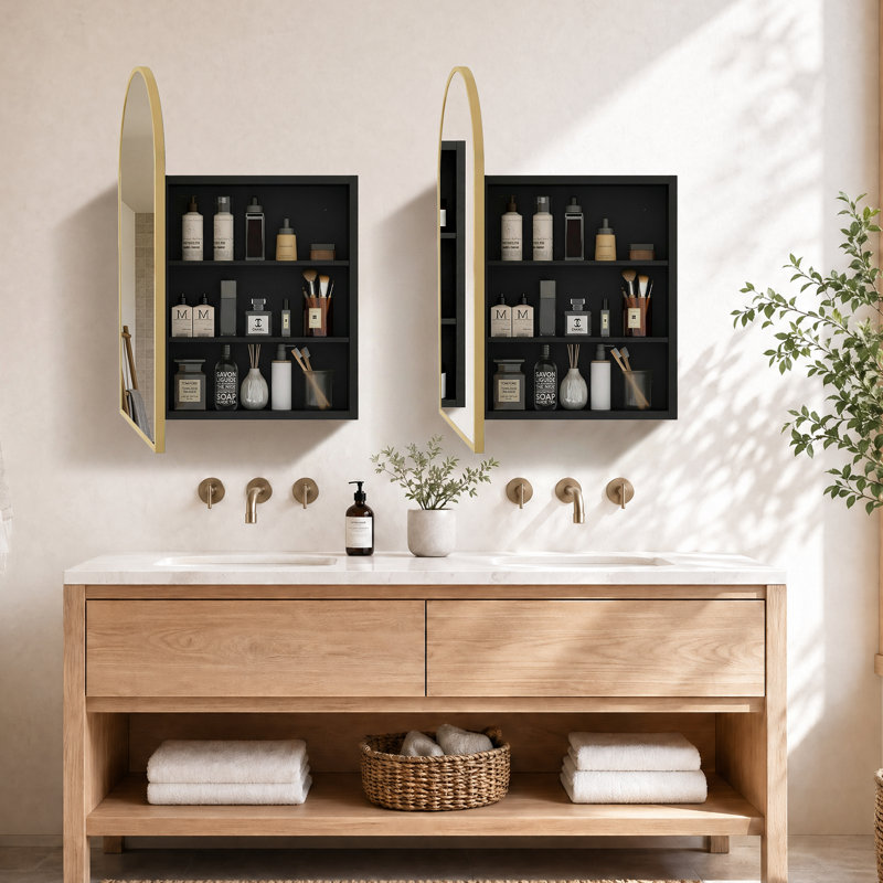 Modern Arched Recessed or Surface Mount Medicine Cabinet with Mirror, Gold, 36" H x 24" W