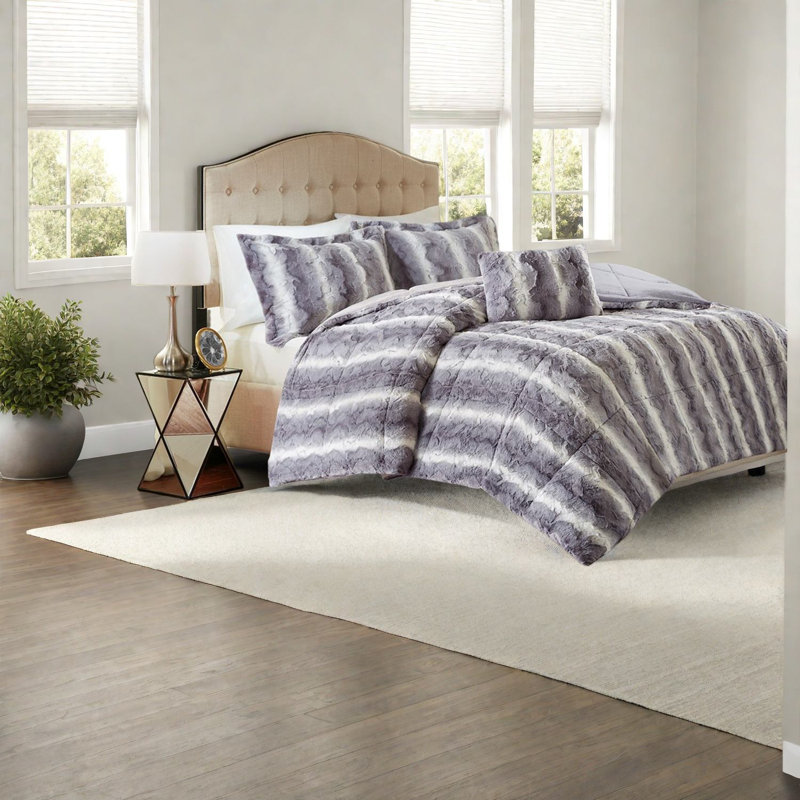 Ensembles de literie luxueux en fausse fourrure grise, édredon en polyester avec coussin décoratif pour la maison