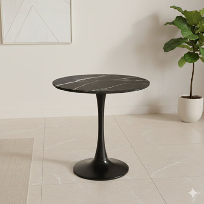 24-Inch Modern Round Dining Table in Black Marble Color, Features MDF Top and Steel Tulip Base, Functions as Kitchen Table or Mid-Century Coffee Table for Living Room