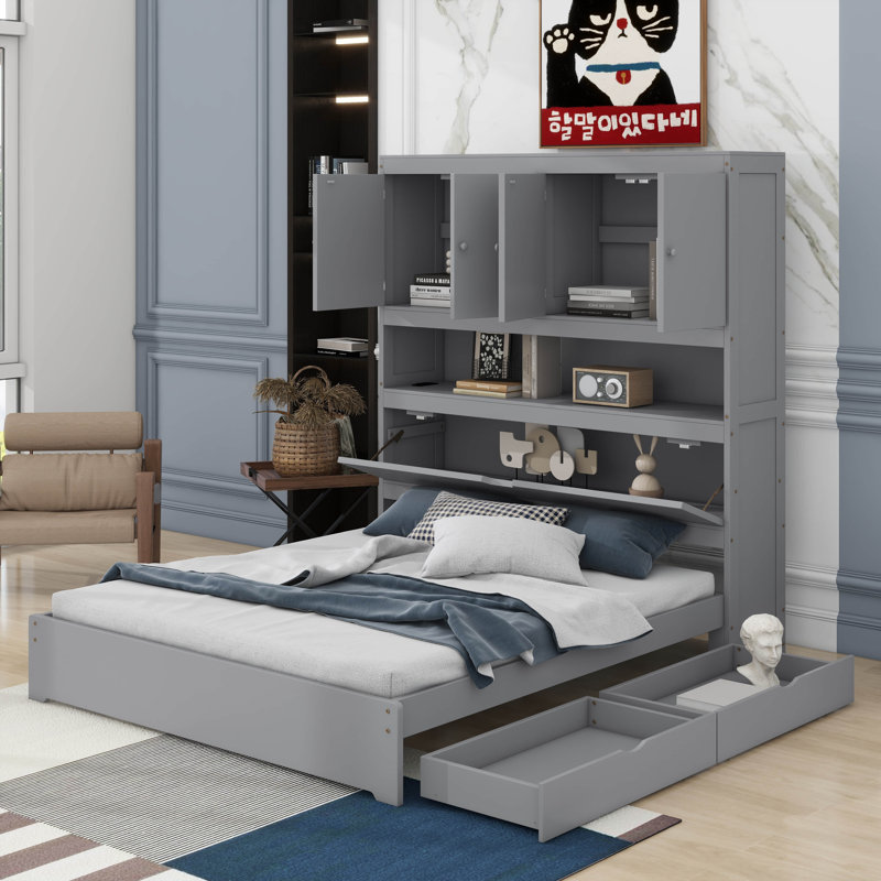 Lit plateforme double en bois avec USB, tête de lit et tiroirs de rangement, Gris
