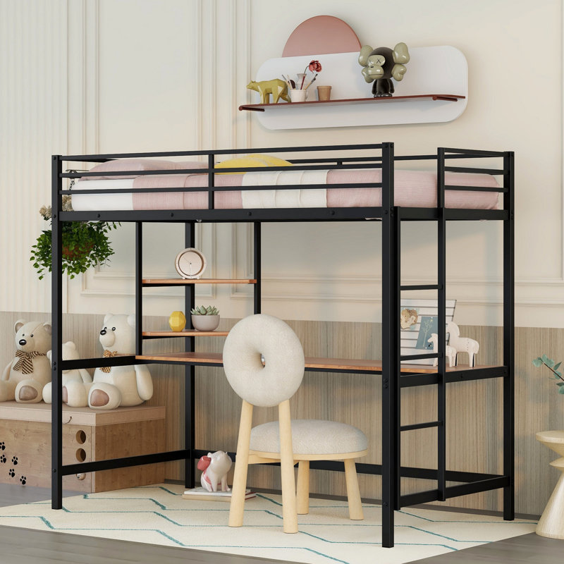 Lit mezzanine en métal avec bureau et tablette ouverte pour chambre à coucher, cadre de lit moderne pour chambre d'amis