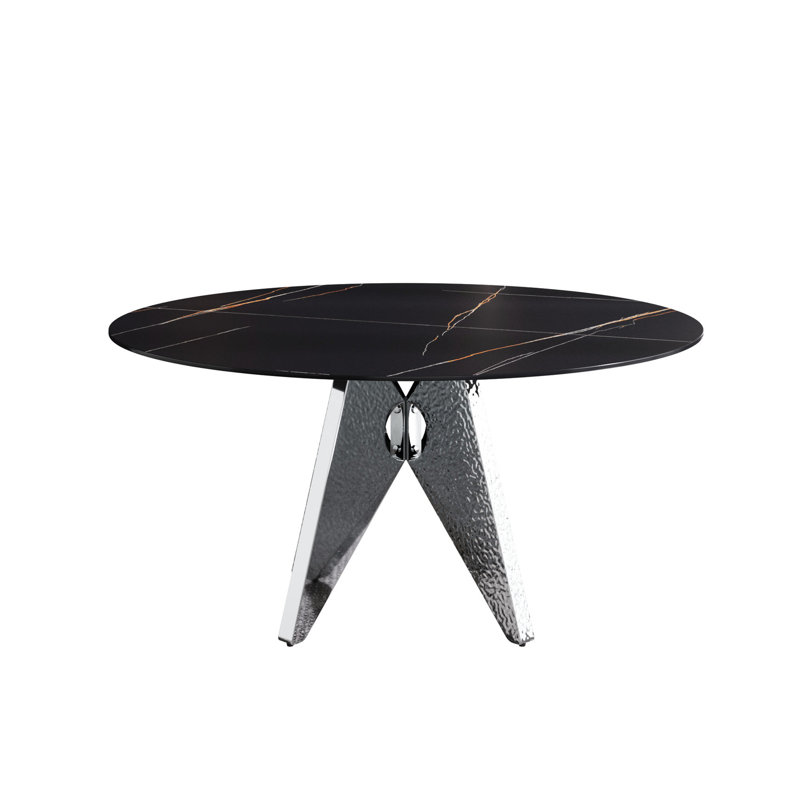 Table de salle à manger en pierre frittée ronde de 57,8 po, noire avec base en acier inoxydable solide, pour 6 à 8 personnes, plateau moderne imperméable aux liquides, pouvant accueillir 6 à 8 personnes,