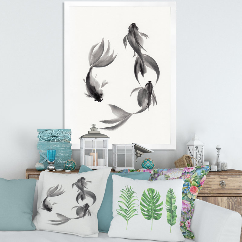 " Monochrome Vintage Fish III " Painting Print, 40" H x 30" W x 1.5" D, White Framed Canvas