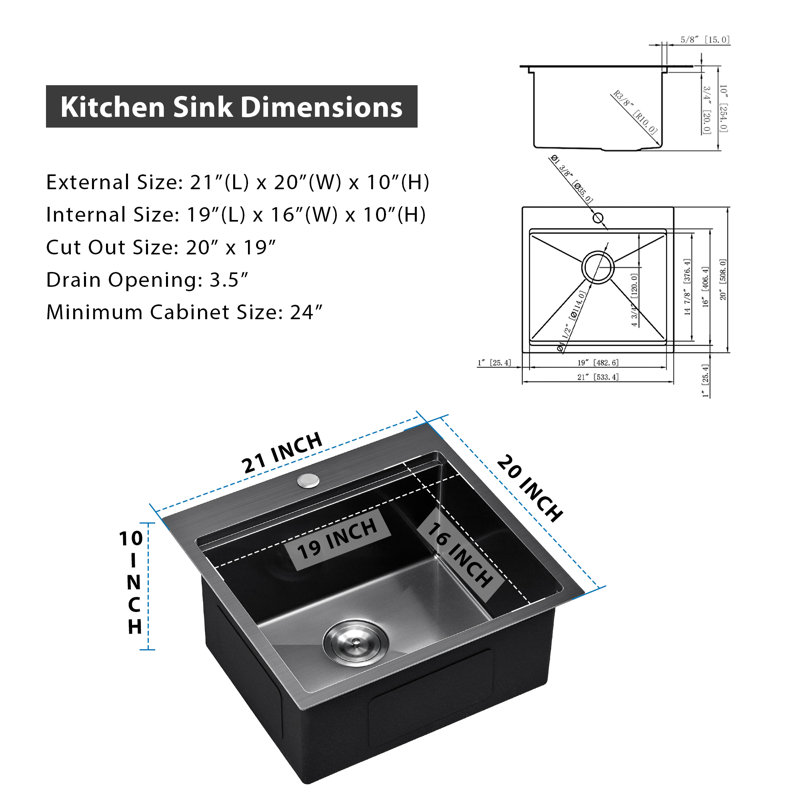 21 Black Stainless Steel Kitchen Bar Sink 21X20 Black Kitchen Sink Workstation, Scamall 16 Gauge Stainless Steel Topmount Single Bowl Drop In Sinks 10'' Deep Bowl Sinks