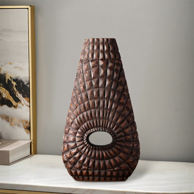 Vase de table antique en résine sculptée brun antique Sunburst