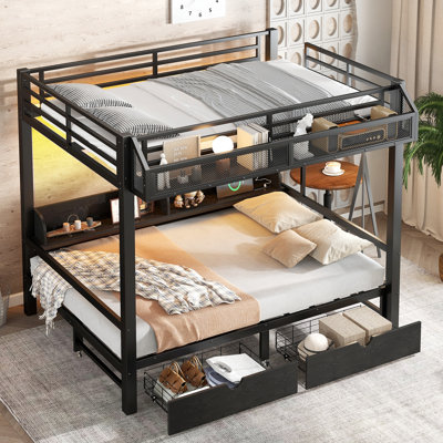 Lit superposé double au-dessus de double, lit inférieur convertible en canapé avec tablettes et tiroirs de rangement, lit superposé multifonctionnel avec ports de charge USB et lumières DEL, noir