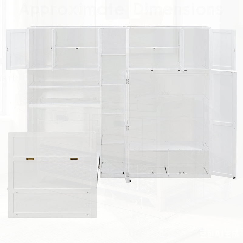 Armoire-lit escamotable avec garde-robe Murphy, tablettes de rangement et écran DEL à 5 niveaux, parfait pour économiser de l'espace et une vie moderne.