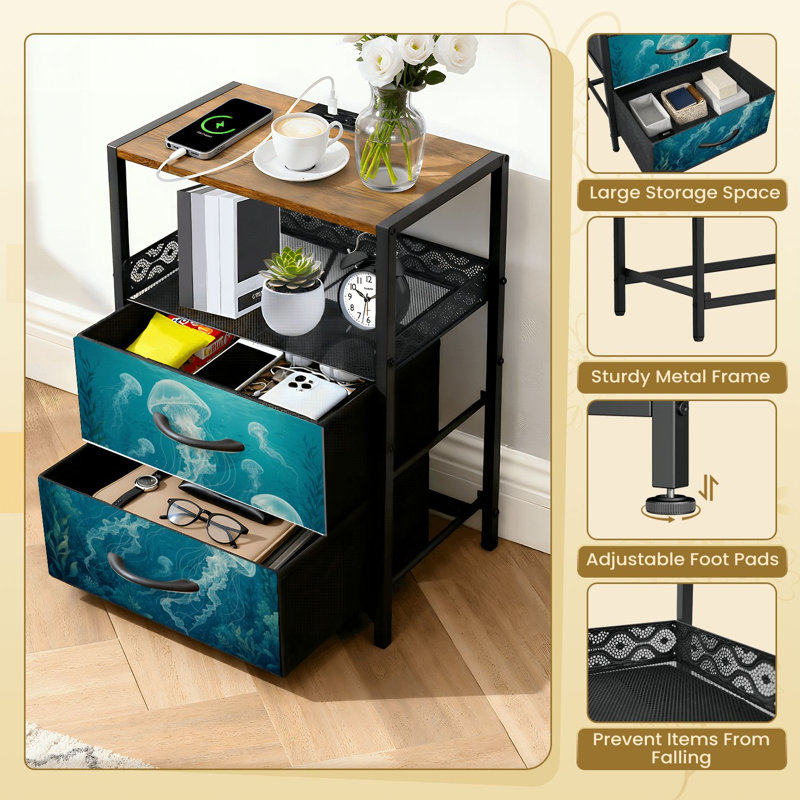 Table de chevet à 2 tiroirs en tissu avec station de charge