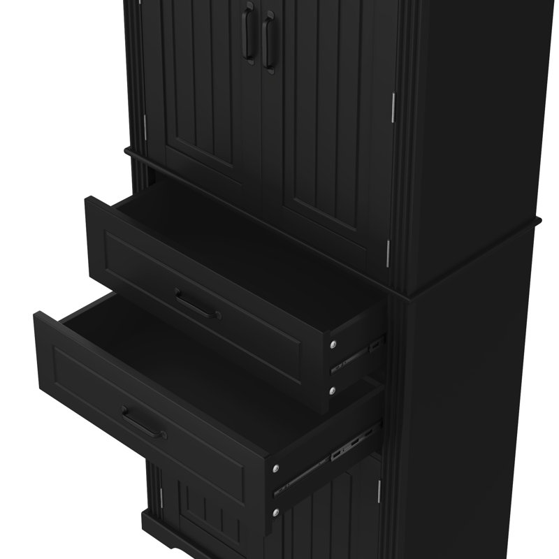 Armoire de rangement noire de 72,5 pouces idéale pour la cuisine, la salle à manger et la salle de bain. Tablette réglable, 2 tiroirs, charnières. Assemblage simple dans plusieurs pièces. Tableaux. Bordure élégante au design élégant