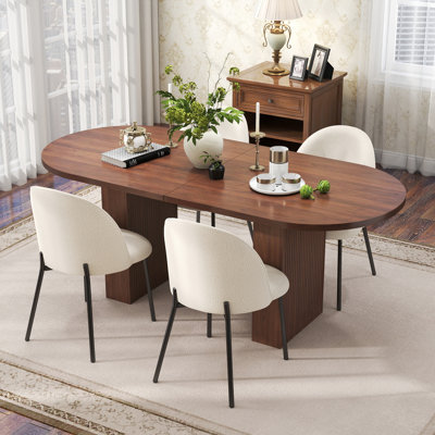 62.9" Oval MDF Dining Table Set, 4/6 Piece Boucle Upholstered Chair With Black Metal Legs, Modern Farmhouse Kitchen & Dining Room Furniture Set, Space Saving Dinette For Small Apartment, Living Room, Breakfast Nook, Affordable & Stylish