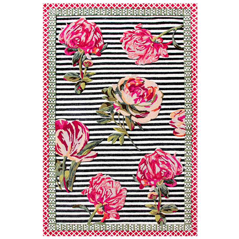 Black and Pink Floral Wool Viscose Handmade Rug