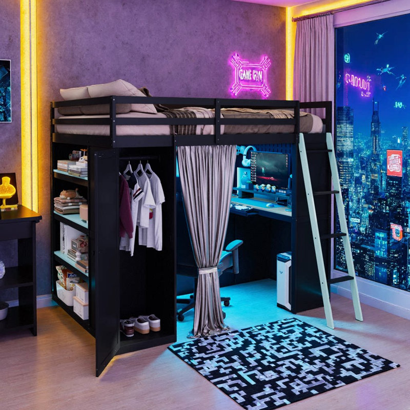 Space-Saving Full Size Wood Loft Bed with Built-In Desk, Wardrobe, Shelves, Blackout Curtains & APP-Controlled RGB Lights