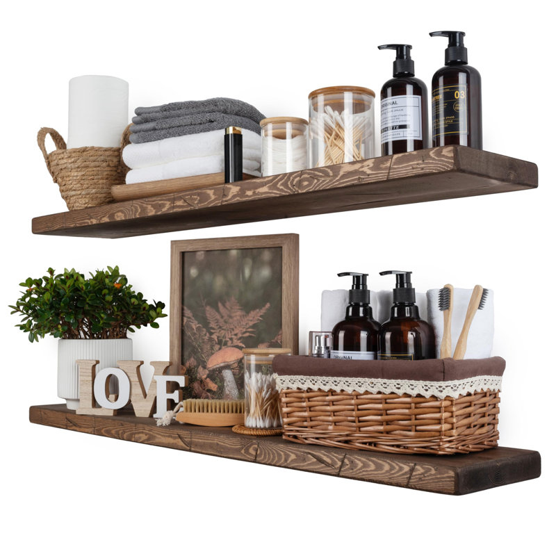 Solid Wood Floating Shelves，Rustic Wooden Wall Shelves, Distressed Walnut, 1.25" H x 36" W x 6.7" D