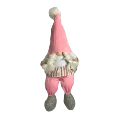 30" Pink and White Fabric Christmas Standing Gnome Tabletop Sculpture