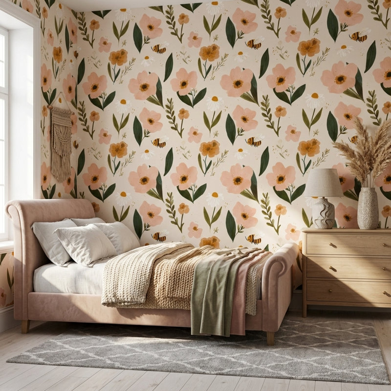 Papier peint botanique, fleurs sauvages, Non tissé, non collé