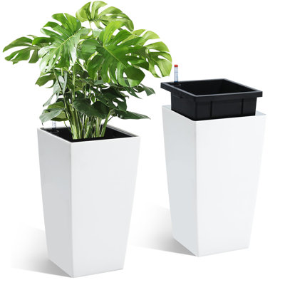 16" Tall Planters Set of 2, Outdoor＆Indoor Black Planter Pots, High Front Porch Planter Pots With Drainage Holes＆Water Level Monitor＆Inner Bucket, Automatic Watering,White