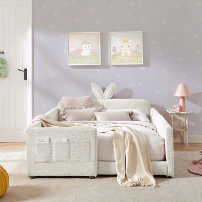 Upholstered Platform Bed Rabbit Ear Headboard Safety Rail Pocket
