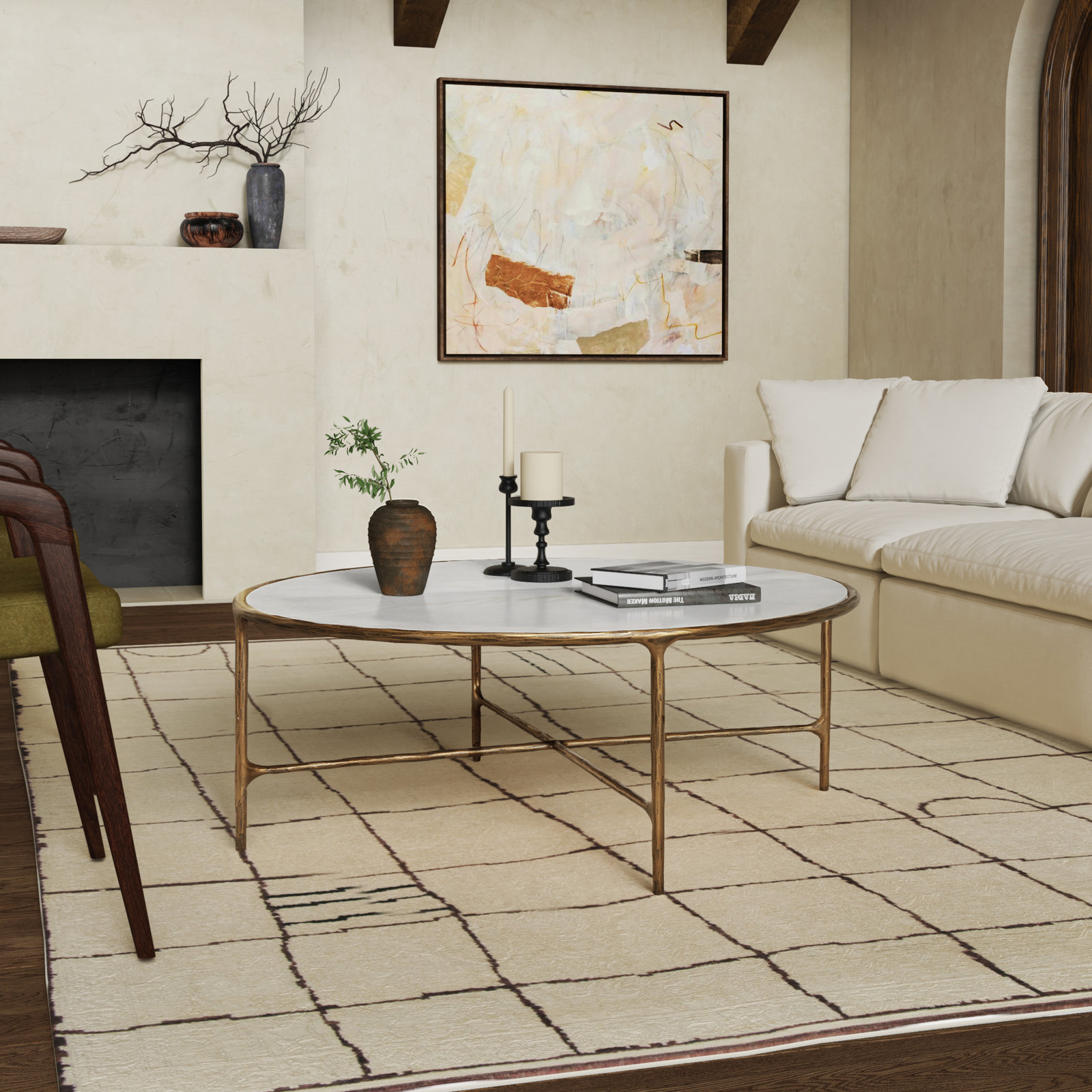 Evelynn Coffee Table, Brass, White Marble
