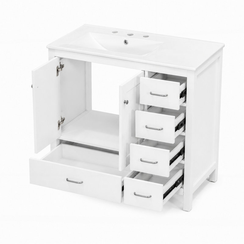 Meuble-lavabo de salle de bain de 91 cm (36 po) avec 5 tiroirs et portes à fermeture en douceur, Blanc, Argent
