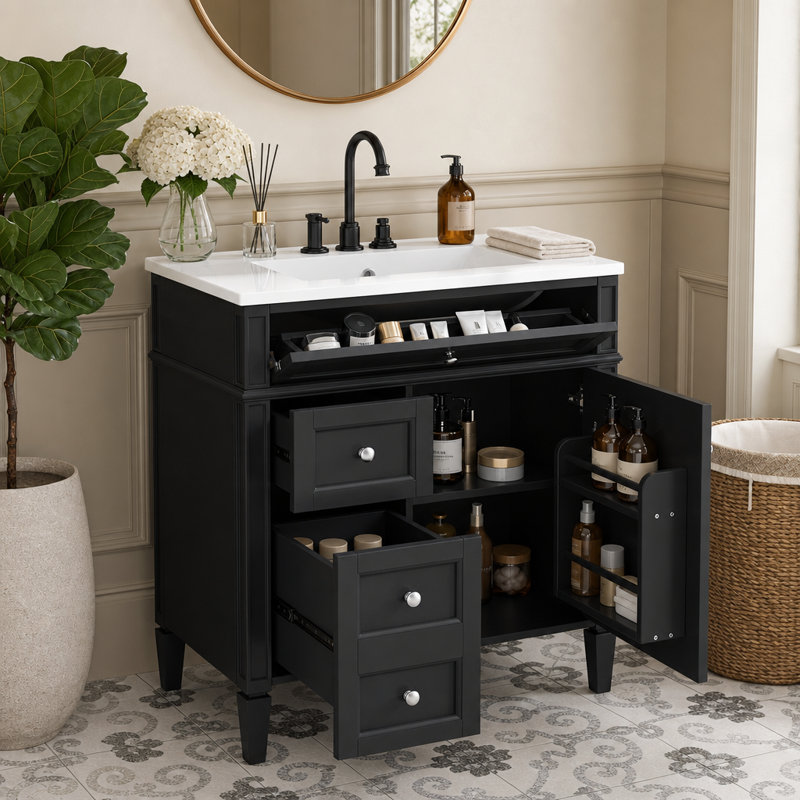 Meuble-lavabo autoportant noir mat, lavabo blanc et boutons de tiroir ronds argentés