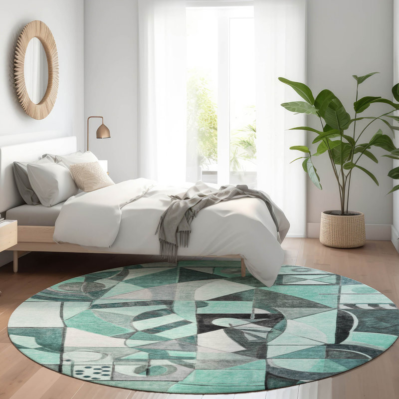 Machine Washable Indoor/Outdoor Xhevrie Teal Rug, Round 8'