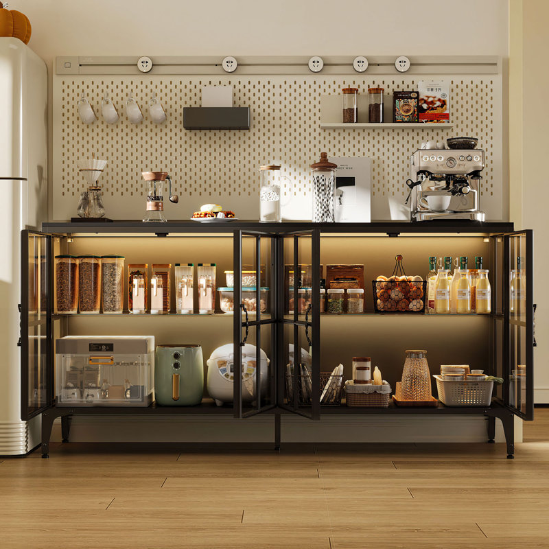 63" Industrial Kitchen Storage Cabinet With Glass Doors, Matte Black Metal Frame & Double-Shelf Design