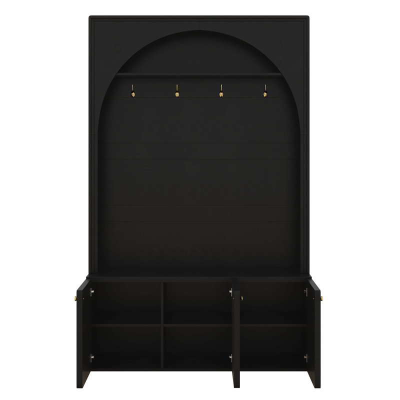 Hall Tree With Bench And 3 Cabinets,Entryway Coat Rack With 4 Hooks And Top Compartments, Retro Arched Entryway Hall Tree