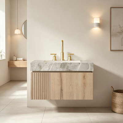 Luxury 30" Natural Wood Bathroom Vanity & Sinks Modern Family Suspended Bathroom Cabinet Mid-Century Sintered Stone Bathroom Cabinet