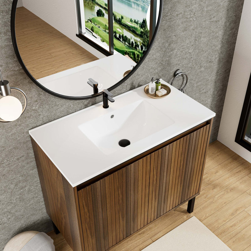 Meuble-lavabo moderne sur pied avec tiroirs à fermeture douce et rangement spacieux
