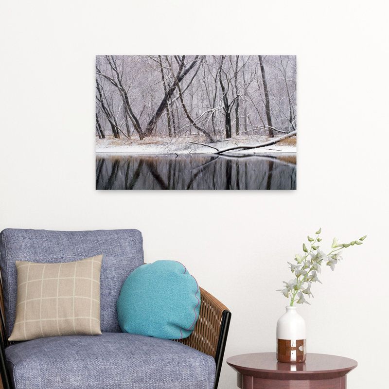 Neige sur les arbres, art abstrait contemporain, forêt tranquille, H 16 po x l 24 po