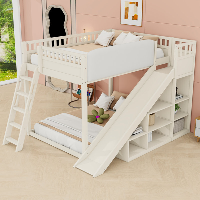 Lit mezzanine avec glissoire, échelle et tablettes de rangement, Grand lit, Beige