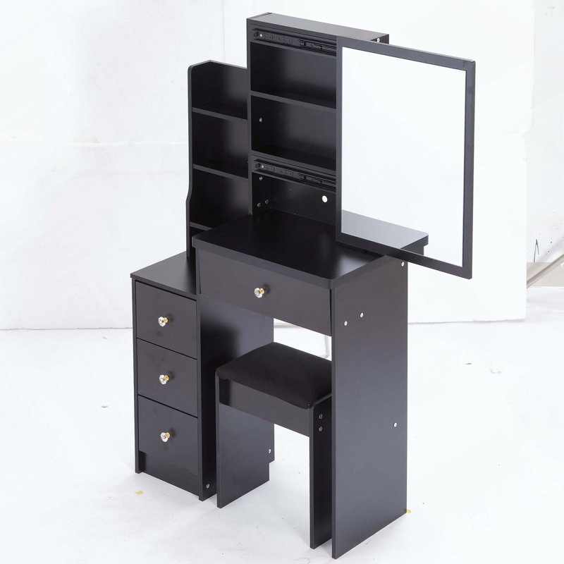 29.2" Small Space Vanity Table with Sliding Mirror, Stool and High Capacity Storage