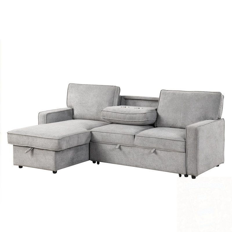 L-Shape Sectional Sofa With USB Port, 2 Cup Holders, Gray Polyester Blend