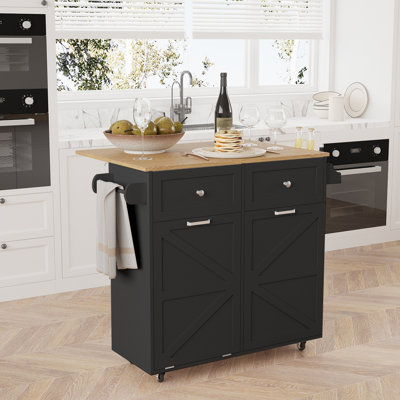 Rubab 35.4" Kitchen lsland with Trash Can Cabinet, Locking Wheels, Spice & Tower Rack