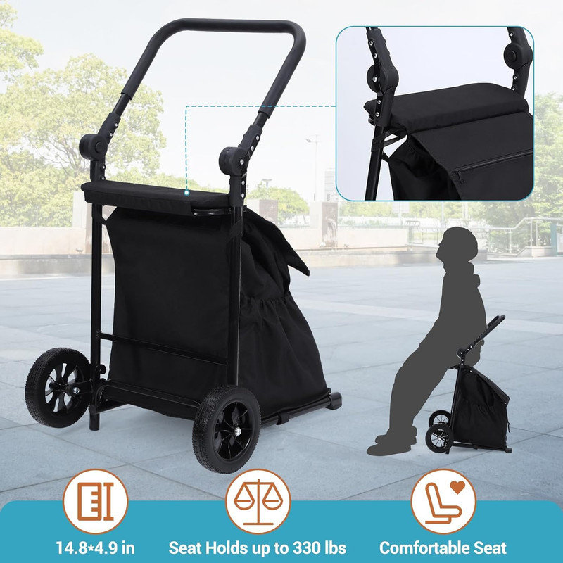 2 in 1 Foldable Shopping Cart, Grocery Cart with Seat, 2 Wheels Grocery Cart with 123 L Large Capacity Waterproof Bag