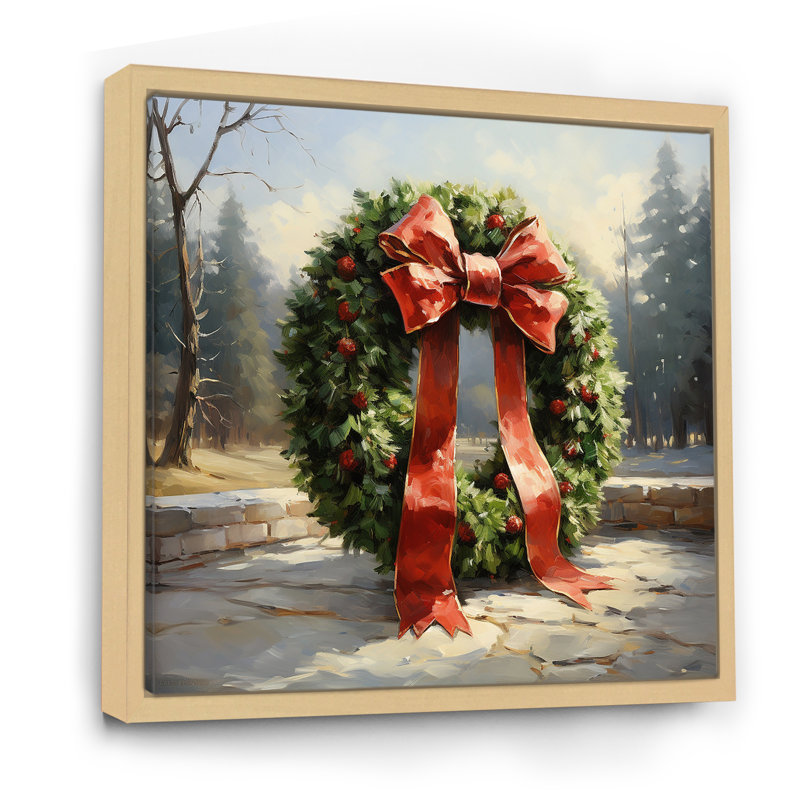 Couronne de Noël verte, hiver I - Couronne, art mural, Cadre flottant brun, H 36 po x l 36 po x P 1,5 po