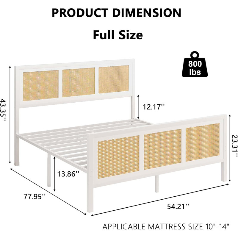 Rattan Bed Frame With Headboard, Boho Cane Platform Bed Frame With Strong Metal Slat, Noise Free, Full, White