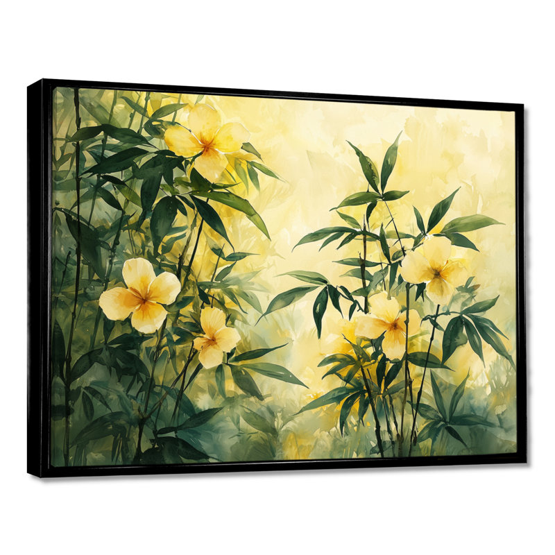 Lueur dorée d'hibiscus tropical dans le sud - art mural hibiscus, H 30 po x l 40 po, Noir, Cadre flottant