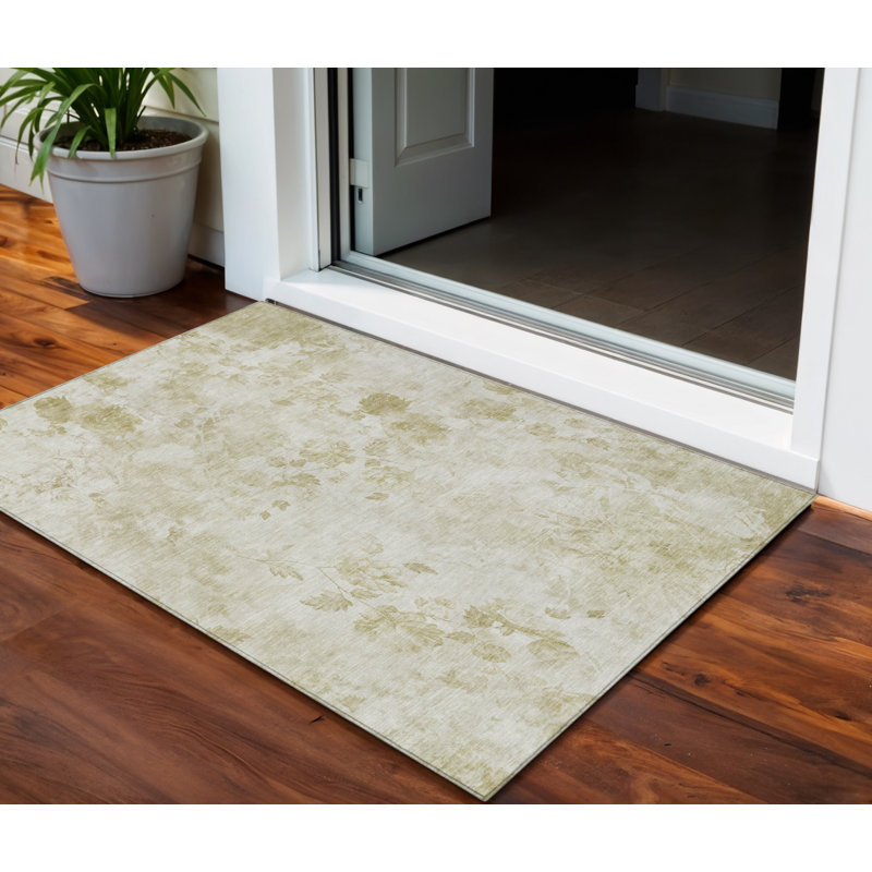 3' X 5' Khaki Beige And Tan Floral Washable Indoor Outdoor Area Rug