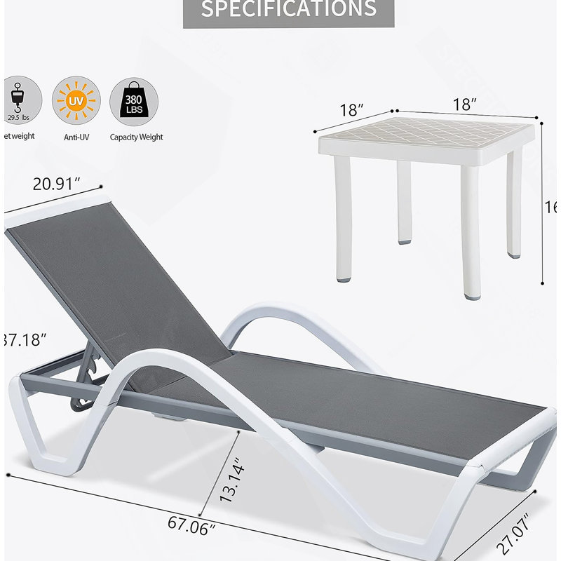 Adjustable Aluminum Patio Chaise Lounge With Armrest And All-Weather Mesh,1 Lounge Chair+1 Plastic Table   Ideal For Poolside And Outdoor Relaxation