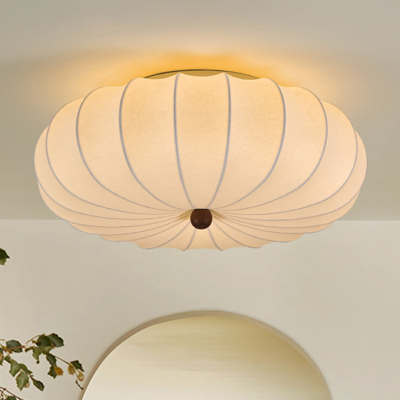 3 - Light Silk Shade Shell Semi Flush Mount With Wood Grain Accent