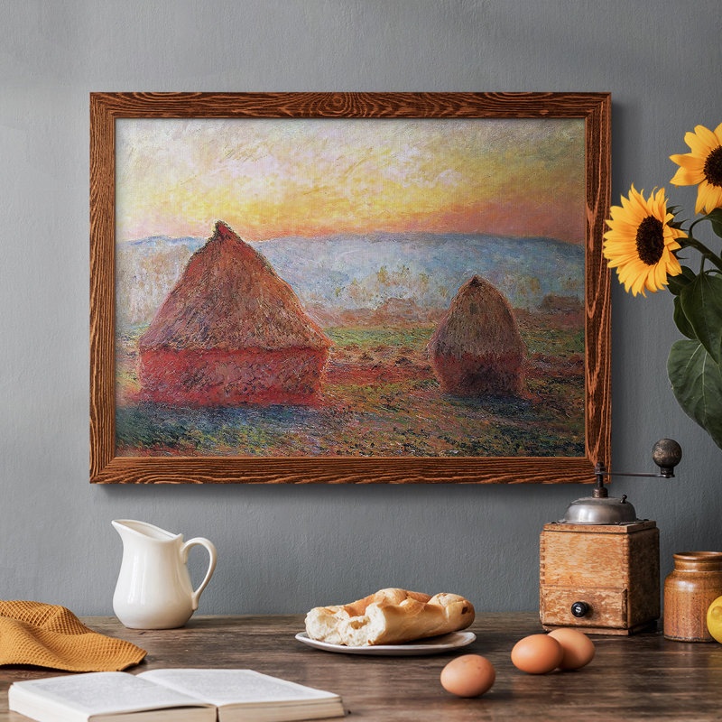 «Grainstacks At Giverny, Sunset, 1889», reproduction encadrée sur toile par J Paul, Cadre photo simple érable