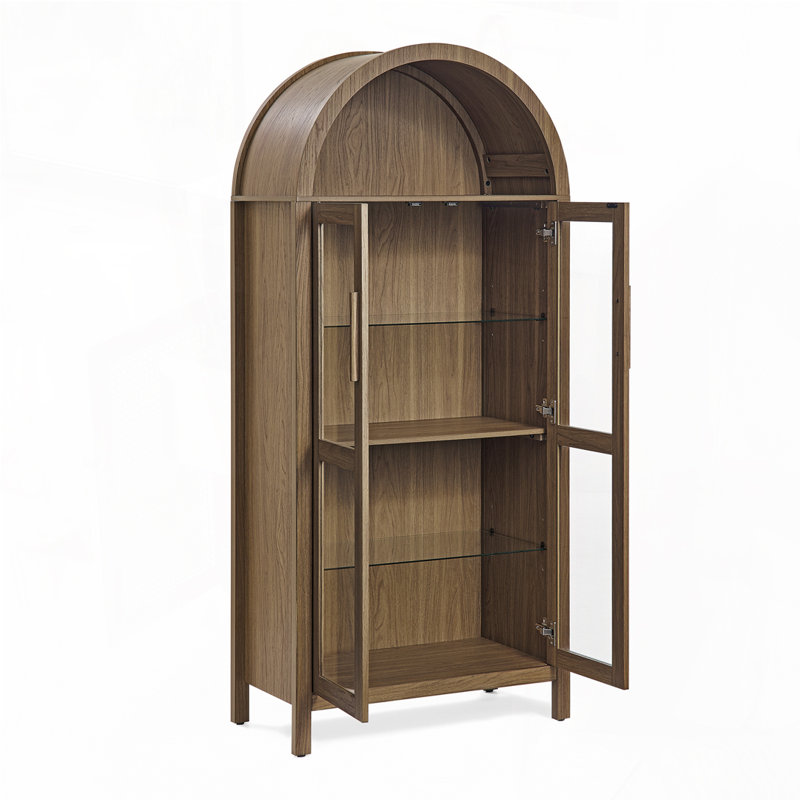 Armoire de rangement arquée avec lampe, cloisons réglables en verre, Brun